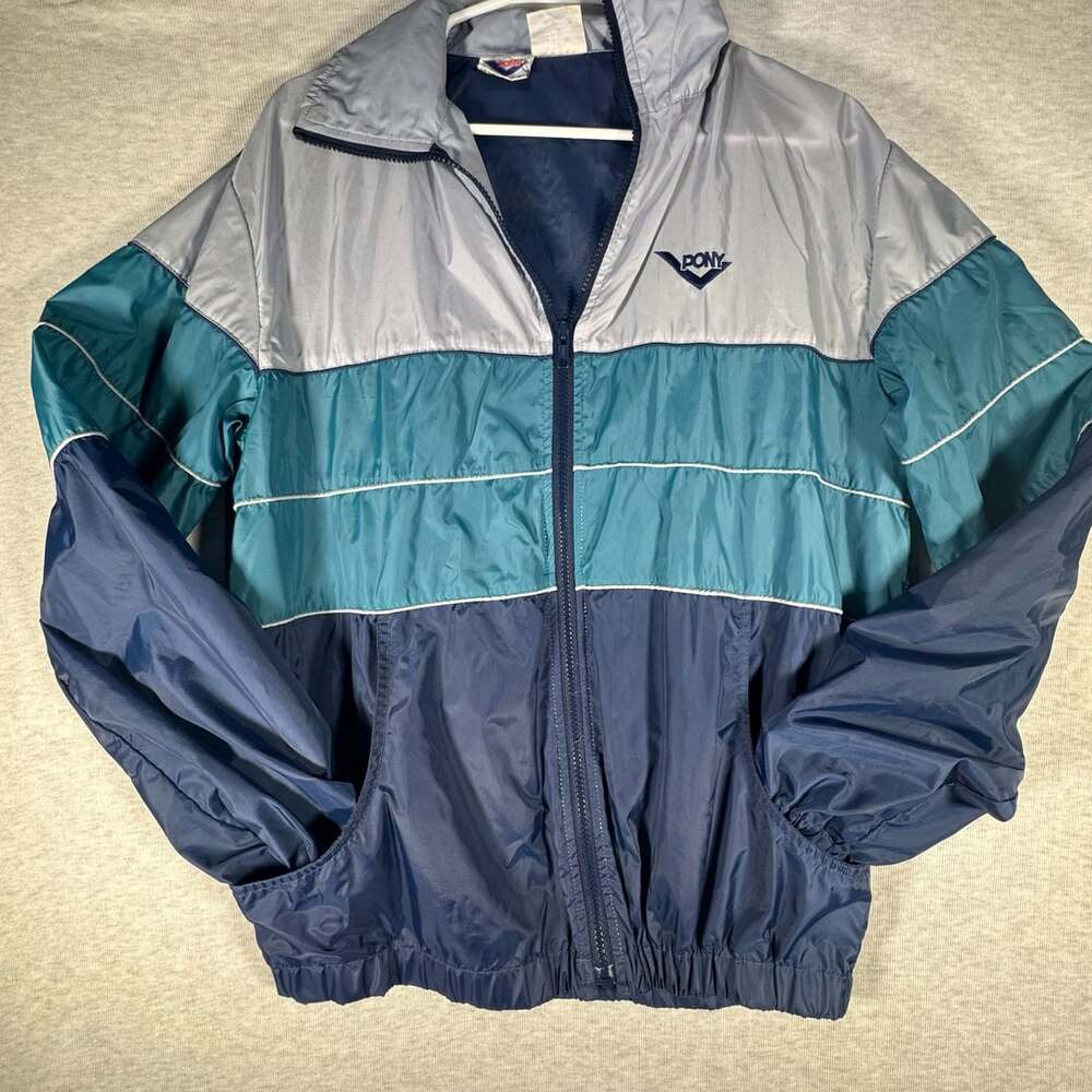 Vintage 90s Pony Colorblock Hooded Nylon Windbreaker Blue Teal Gray Men's Medium